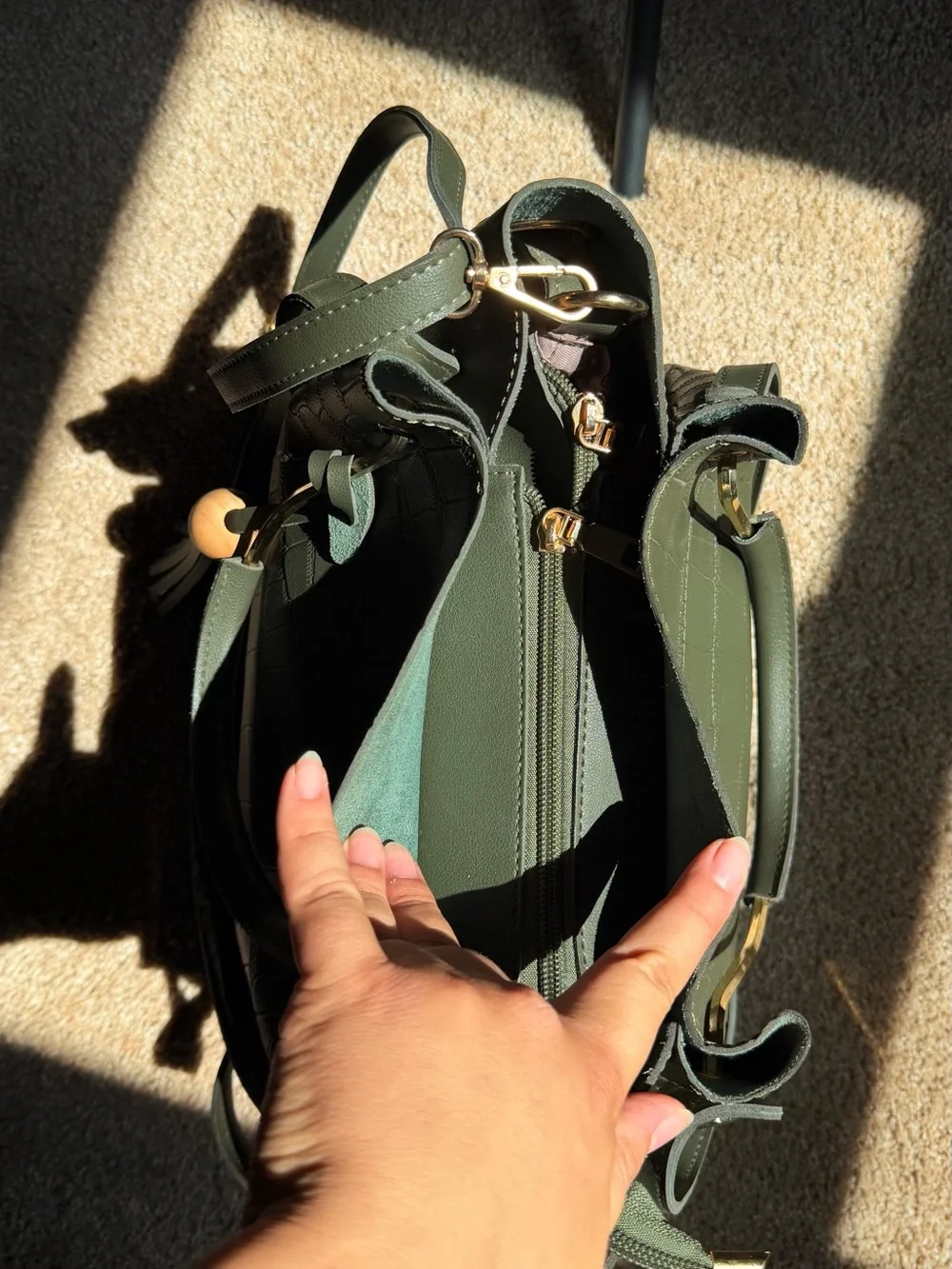 Source Unknown Olive Green Croc-Embossed Satchel with Tassel